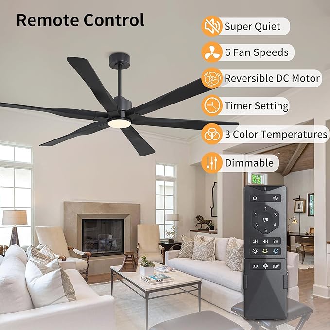 78 Inch Ceiling Fan with Lights and Remote Control, 6 Reversible ABS Blades, 6-Speed Noiseless DC Motor with 4.5" / 12" / 24" Downrods for Bedroom Dining Living Room, Black
