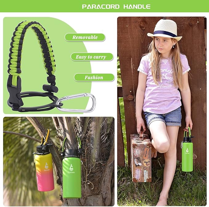 Farsea Insulated Water Bottle with Straw Lid & Spout Lid & Paracord Handle, Stainless Steel Water Bottle Wide Mouth, Double Wall Sweat-Proof BPA-Free, 40 oz, Green