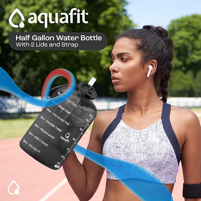 AQUAFIT 64 oz Water Bottle with Time Marker - BPA Free Half Gallon Water Bottle with Straw - Gym Water Bottle with Handle, Gallon Water Jug, Big Water Bottle, Large Water Bottle (Nude, 2 Lids)