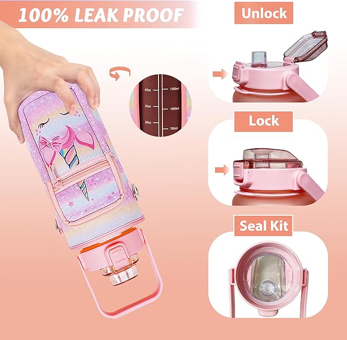 64 oz Water Bottle with Straw Sleeve & Strap Motivational Half Gallon Water Jug with Handle for Gym Women Men Aesthetic Water Bottle with Strap Unicorn