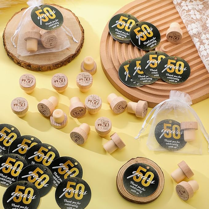 Barydat 50 Sets 50th Birthday Party Favors Wine Bottle Corks Wooden Wine Stopper 50th Anniversary Cheers to 50 Years Thank You Cards Labels Organza Bags Thank You Gifts 50th Birthday Gifts for Guest