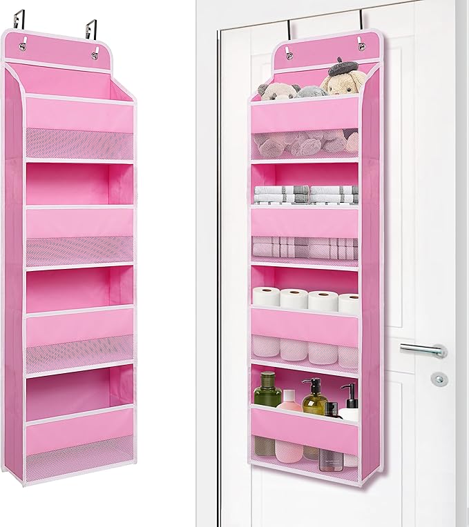 Heavy Duty Over Door Organizer, Hanging Organizer Storage with 4 Large Capacity Pockets, Closet Bathroom Nursery Bedroom Dorm, Toys Cosmetics Sundries and Baby Essentials, Pink