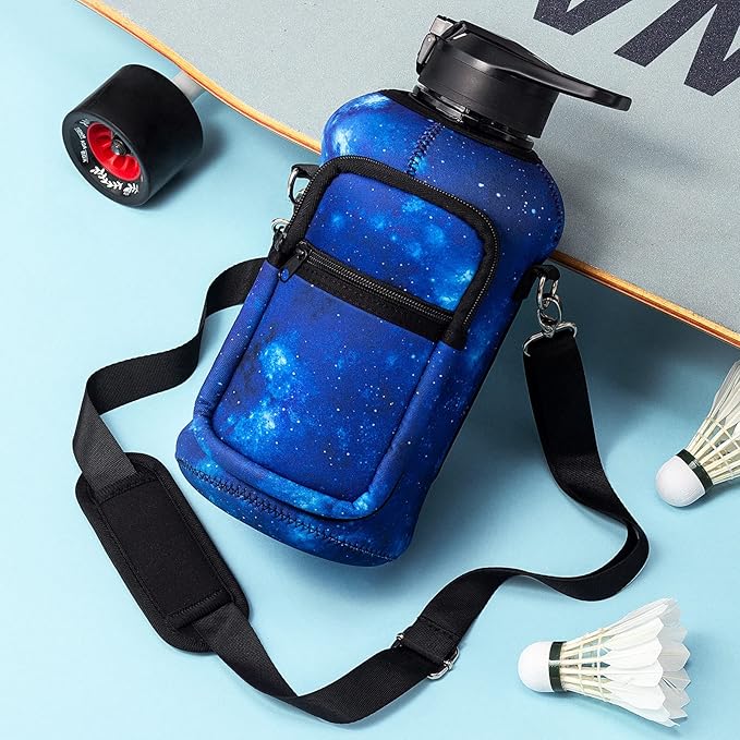 Fimibuke Half Gallon Water Bottle with Sleeve 64 OZ Water Bottle with Handle & Straw Leakproof Motivational Sports Gym Water Bottle with Time Marker BPA Free Water Jug with Reusable Neoprene Holder