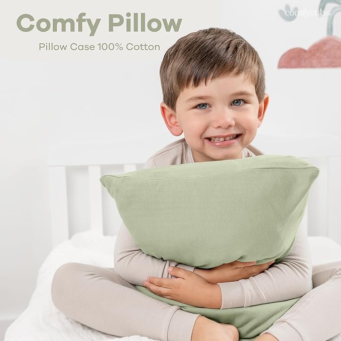 Comfy Cubs Toddler Pillow with Soft Cotton Pillowcase, 13"x18", Sage (2 Pack) - Kids Pillow for Sleeping & Travel - Comfortable Small Pillow - Kids Travel Pillow with Breathable Microfiber Fill
