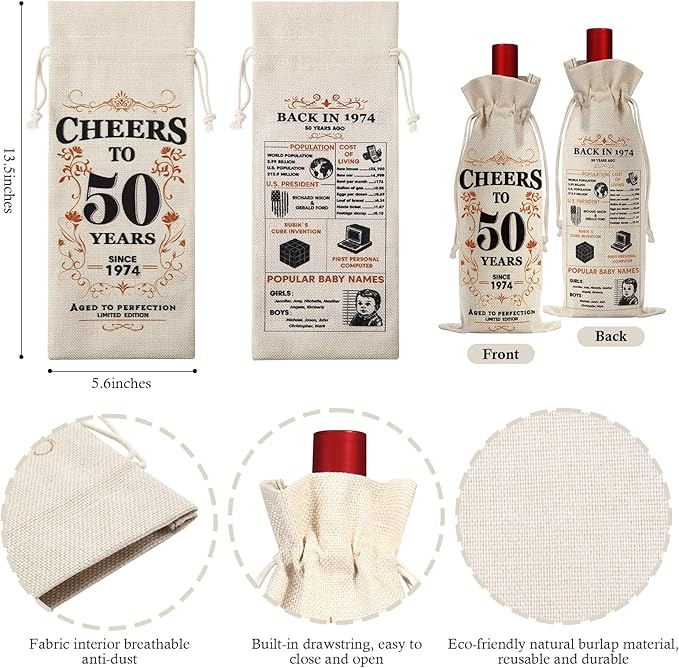 SpringWhisper 50th Birthday Gifts for Women Men Back in 1974 Birthday Gift 50 Years Old Gift Birthday Decoration Wine Bag Gift for Her Him Wine Gift Bag 50th Turning 50