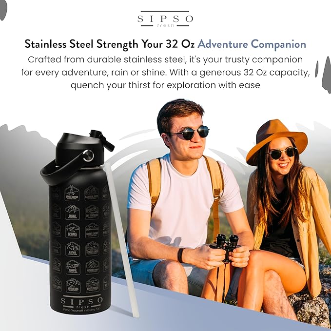 National Parks water bottle with Stickers: Unique 32 oz bottle | Double wall Stainless Steel water bottle | Leak Proof- laser Engraved water Bottle with National Park stickers (Black)