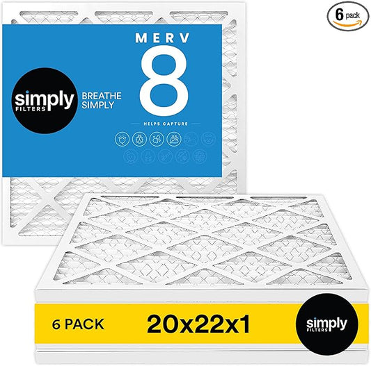Simply 20x22x1 Air Filter, Merv 8, MPR 600, 6 Pack, For Home AC Furnace & HVAC (Actual Size: 19.75"x21.75"x0.75") DUST, Pet, & Allergy Control