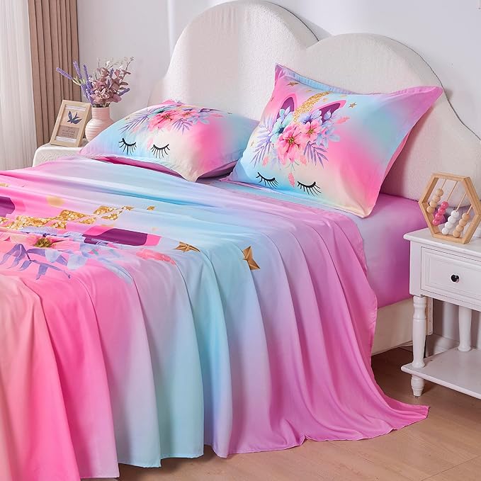 VIVILINEN Queen Size Sheet Set 3 Piece Rainbow Unicorn Kids Queen Bed Sheet Set for Girls Deep Pocket Bedding Set Bed Fitted Sheet Set Include Flat Sheet, Deep Pocket Fitted Sheet and 2 Pillowcase
