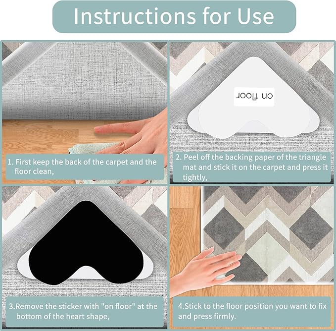 Non Slip Rug Grippers, 12 Pairs Anti Slip Rug Tape Keep Corners Flat, Kitchen Rugs and Mats Non Skid Washable Carpet Tape, Carpet Pad Rug Grippers for Hardwood Floors and Area Rugs