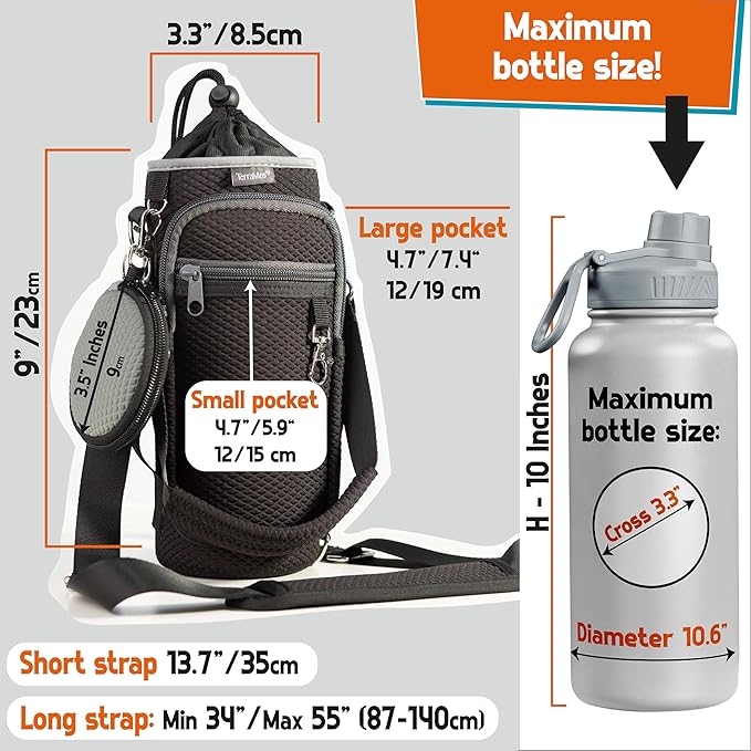 Water Bottle Holder with Strap - Water Bottle Carrier Sling Bag Crossbody with Metal Clips and Rings, Keychain, Extra Small Round Purse, Hook and Loop for Your Bike, Stroller, Backpack