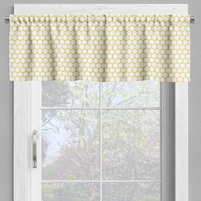 Ambesonne Yellow and White Valance & Tier Curtain 3 pcs Set, Hexagonal Pattern Honeycomb Beehive Simplistic Geometrical Monochrome, Window Treatments for Kitchen Room Decor, 55" x 30", White Yellow