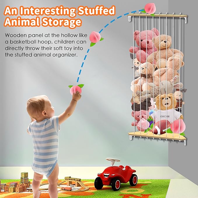 Stuffed Animal Storage Wood Corner Plush Toys Holder, Length Adjustable Hanging Stuffed Animal Toy Organizer Shelf for Nursery Kid Room Play Room Bedroom