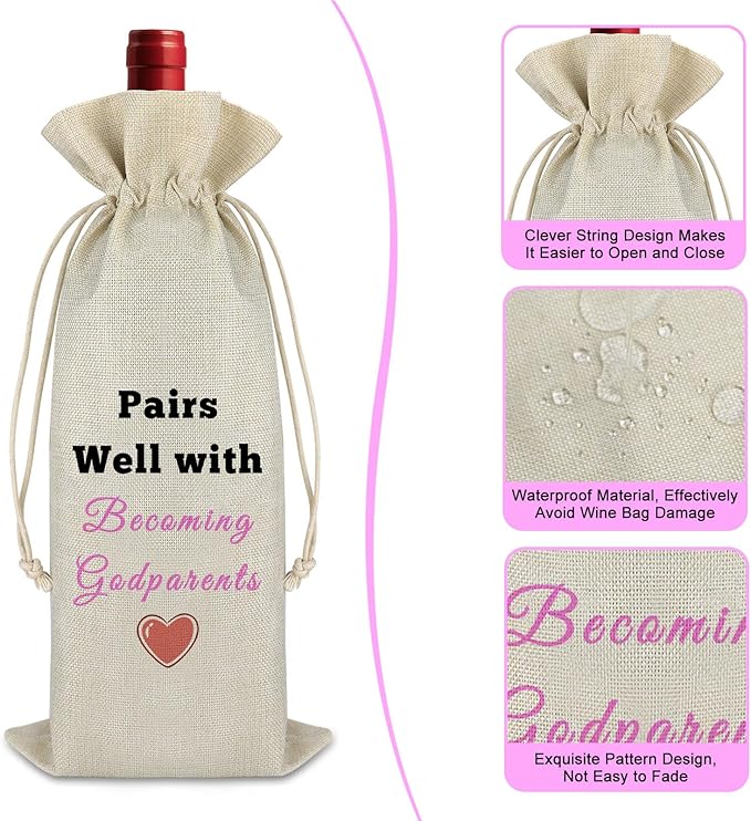 Mother's Day Gift for Godmother Wine Bag Godparents Gift Wine Wrap Bag Baptism Gift Pregnancy Announcement Gift Thank You Gift For Grandma Christmas Birthday Gift Reusable Drawstring Wine Gift Bag
