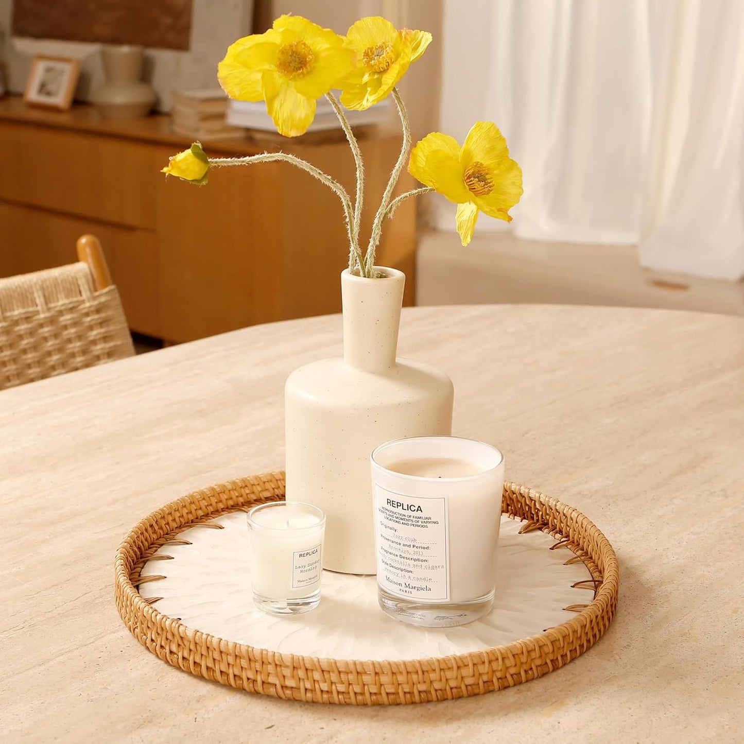 Round Rattan Tray with Mother of Pearl Inlay & Wooden Base - Decorative Wicker Serving Tray for Coffee/Bread/Fruits, Food Storage & Display - Multipurpose Home Decor (M,White Leaves)