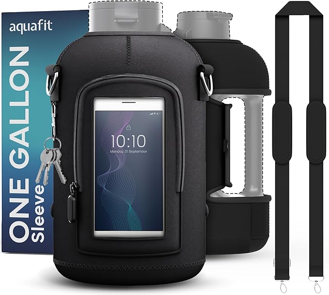 AQUAFIT 1 Gallon Jug Sleeve, Neoprene Water Bottle Bag with Adjustable Shoulder Strap and Pocket, 128 oz Water Bottle Sling Bag, Water Bottle Carrier Bag (Sleeve Only - No Bottle, Black)