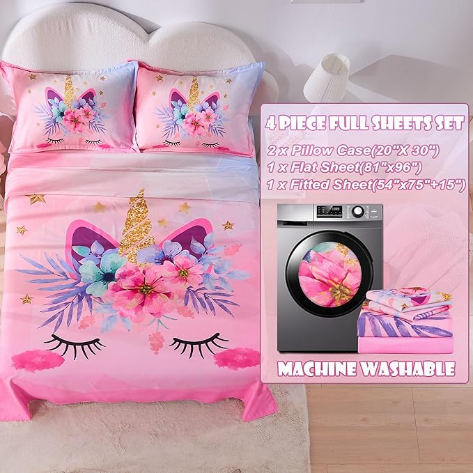 VIVILINEN Full Size Sheet Set 4 Piece Kid Sheets Set for Girls Pink Unicorn Full Bed Sheets Set for Teens Bedding Set Include Flat Sheet, Deep Pocket Fitted Sheet and Pillowcase