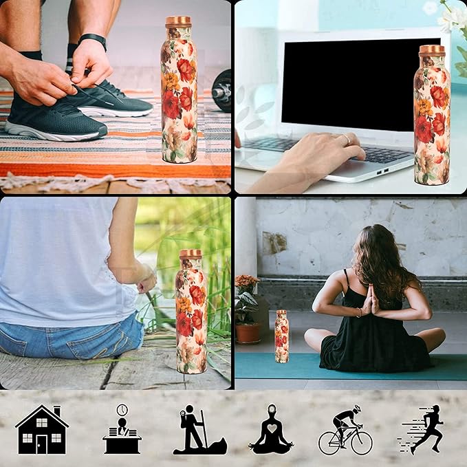 Pure Copper Water Bottle - Handcrafted - Ayurveda health benefits - Large 35 oz - Leak proof - Easy to carry for Sports, Fitness, Yoga, School - White Base Floral Vintage Colors Enamel