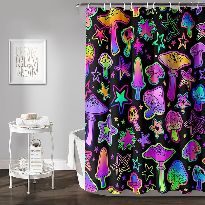 AILONEN Cute Mushroom Window Curtain for Kids,Star Purple Mushroom Curtain for Bathroom Decor,Gradient Mushroom Polyester Waterproof with 12 Plastic Hooks 48" W*72" H