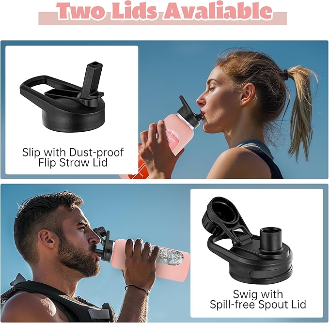 SIEROZUR 32 oz Glass Water Bottle with Straw and Handle Large Sports Motivational Water Bottle with Time Marker and 2 Lids, Leakproof Reusable Water Jug with Silicone Sleeve for Gym