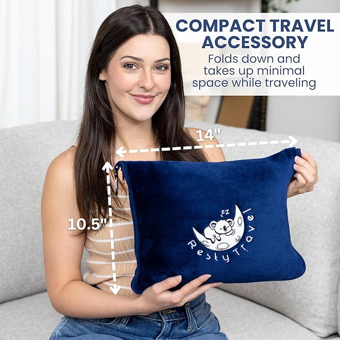 Resty Travel Blanket - Compact Airplane Blanket with Bag - Small and Lightweight Traveling Blanket & Pillow - Portable Blankets with Carabiner for Easy Transport - Plane Train Car (Navy Blue)