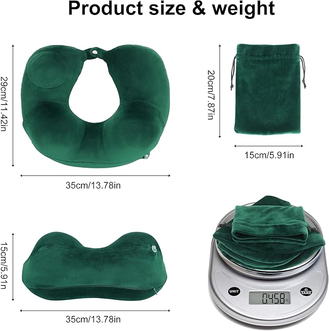 Inflatable Travel Pillow, Comfortable & Supportive Neck Pillow for Traveling, Pain Relief Sleeping Neck Pillows for Airplanes/Cars/Buses/Trains/Office Napping (Green)