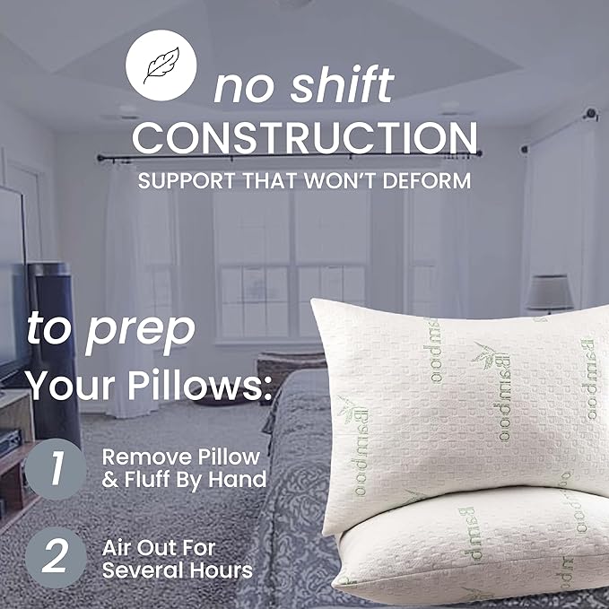 Queen Size Bamboo Pillow for Sleeping with Plush Fiber Fill Pillow Queen Size Set of 2, for Side Back Stomach Sleeper with Adjustable to Soft/Firm, Washable Cover, (Pack of 2)