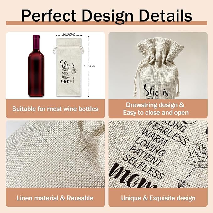 bxtala Mom Wine Gift Bags, Gift for Mother Mama Mother-in-law, 1 pcs Reusable Burlap Drawstring Wine Gift Bags for Wine Bottles, Mother's Day Holiday Party Favor -18