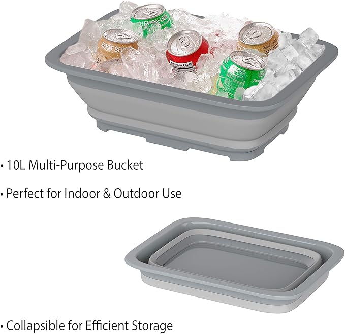 Collapsible Ice Bucket - 10-Liter Portable Outdoor Multi-Use Basin, Dish Tub, and Storage Basket for Camping and Tailgating by Wakeman (Gray)