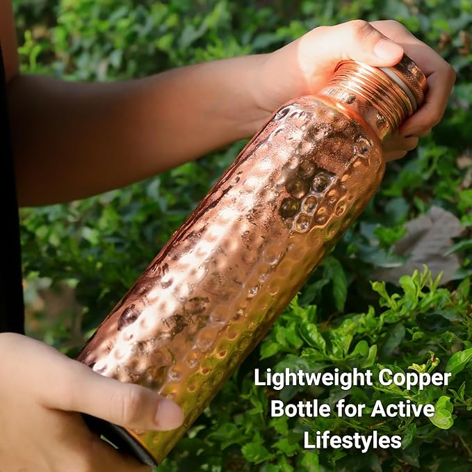 THE ART BOX Hammered Copper Water Bottle 32 Oz / 950 ml Large with Anti Slip Bottom Leak Proof Lid Ayurvedic Pure Copper Vessel for Drinking, Travel, Sports, Fitness and Yoga (Hammered)
