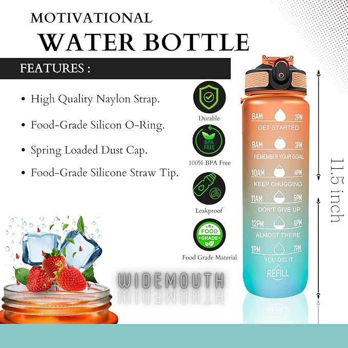 Leakproof Water Bottle with Straw & Lid - 32oz Motivational BPA Free Water Bottle with Time Markings & Straw Lid for Sports & Outdoors - Ensure Hydration with Leakproof Bottle and Straw