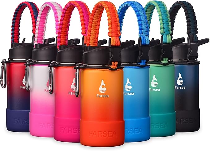 Farsea Insulated Water Bottle With Paracord Handle, Protective Silicone Boot and 2 Lids (Straw Lid & Spout Lid), Stainless Steel Water Bottle Wide Mouth, Double Wall Sweat-Proof BPA-Free,12 oz