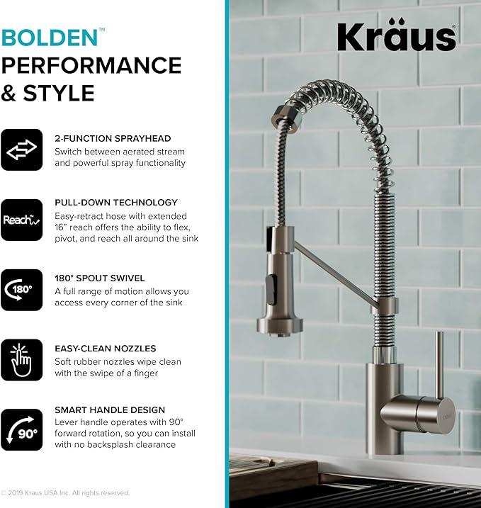 Kraus KPF-1610SSCH Bolden 18-Inch Commercial Kitchen Faucet with Dual Function Pull-Down Sprayhead in All-Brite Finish, Stainless Steel/Chrome
