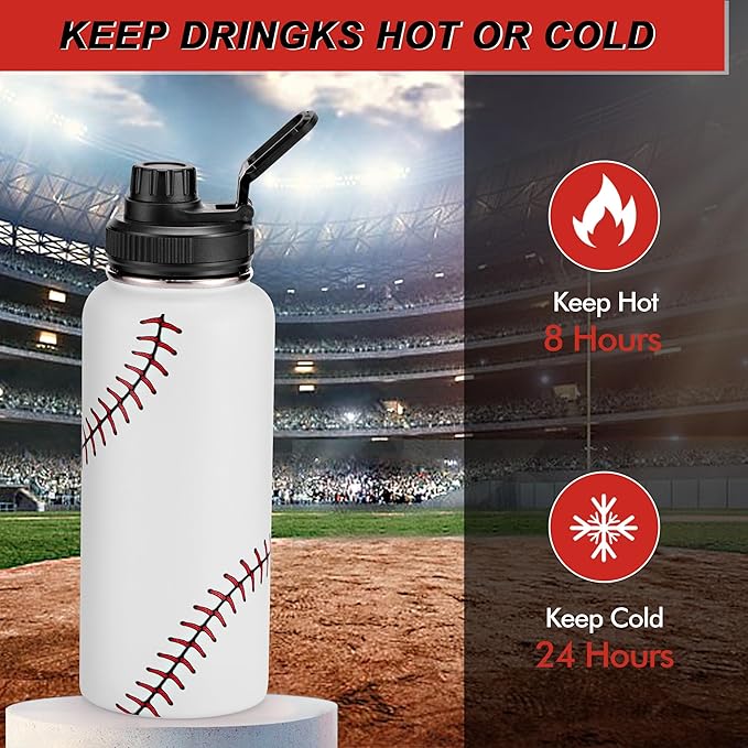 Cutiset 32 oz Baseball Water Bottle with Lids, Stainless Steel Leak Proof Sports Water Flask, Vacuum Metal Water Bottle,Baseball Line Design