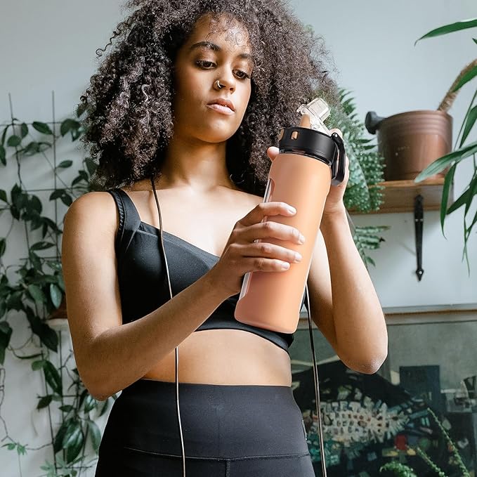 Kodrine Water Bottle With Straw and Carry Handle, Glass Water Bottle 24 oz Leak Proof Locking Lid with Soft Silicone Spout, Small Clear Water Bottle, Travel Sports Water Jug, Time Marker, Amber