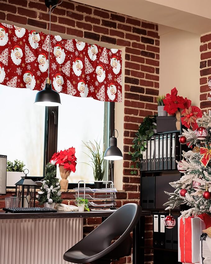 Red Christmas Valance Curtains for Kitchen Windows Santa Claus Merry Christmas Tree Rod Pocket Window Treatment Toppers for Kitchen/Living Room/Bedroom/Bathroom, 42" X 12", Winter Snowflake