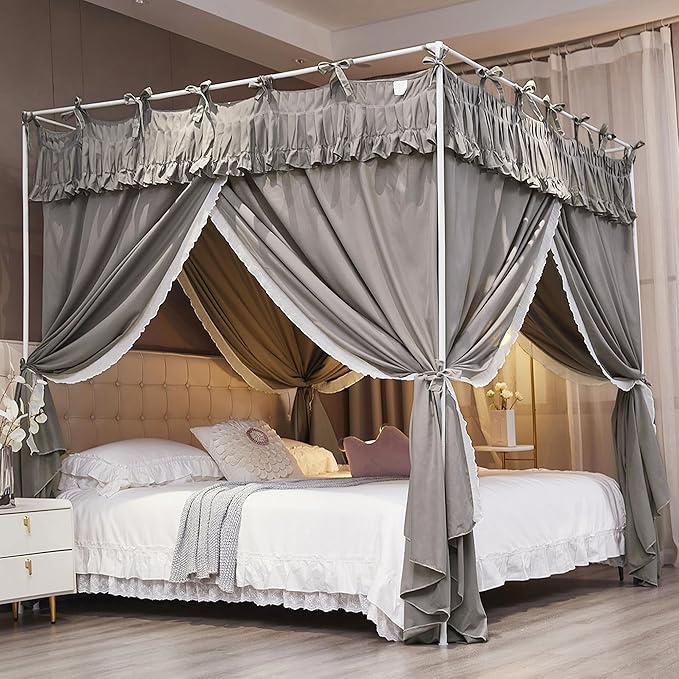 Ruffle Lace up 4 Corners Post Princess Curtain Bed Canopy Cozy Breathable Mosquito Net Cloth for Girls Adults Bedroom Decoration (Grey, 64" W*82" L*82" H/Queen)