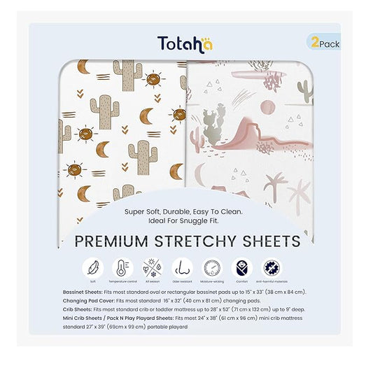 TotAha Cactus Pack N Play Sheets, Premium Stretch Fitted Portable Mini Cribs Playards Sheets, Ultra Soft Breathable Jersey Knit Mini Crib Sheet, 2 Pack