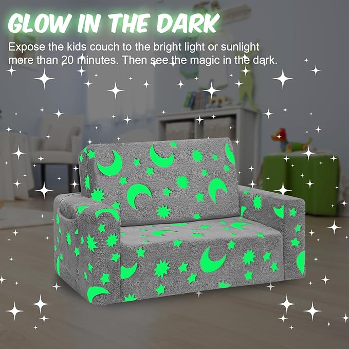 Toddler Chair, Toddler Couch, Kids Couch, Fold Out Kids Sofa Chair, Toddler Convertible Sofa to Lounger Pull Out Couch, Glow in The Dark Sofa Chair for Boys and Girls Large (Grey)…