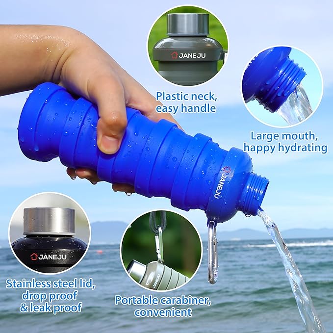 JaneJu Collapsible Water Bottle, 17oz BPA Free Silicone Reusable Portable Lightweight Foldable Water Bottles with Carabiner, Portable Leak Proof Sports Water Bottle (Blue)