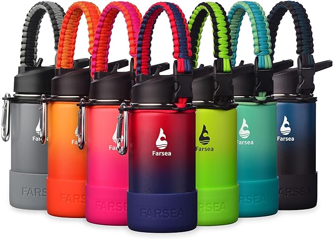 Farsea Insulated Water Bottle With Paracord Handle, Protective Silicone Boot and 2 Lids (Straw Lid & Spout Lid), Stainless Steel Water Bottle Wide Mouth, Double Wall Sweat-Proof BPA-Free,12 oz