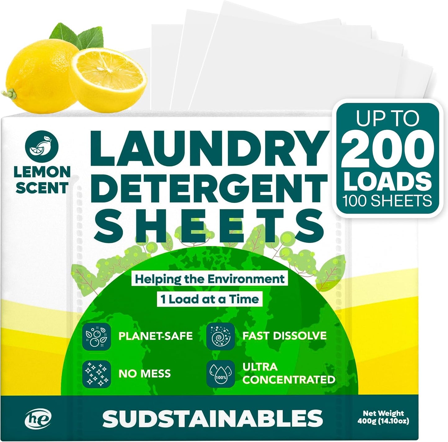 Sudstainables Laundry Detergent Sheets (200 Loads) – Eco-Friendly, Zero Waste, Plastic-Free Laundry Washing Machines Soap Sheets; Dissolvable, Space-Saving Strips for Travel (Lemon)