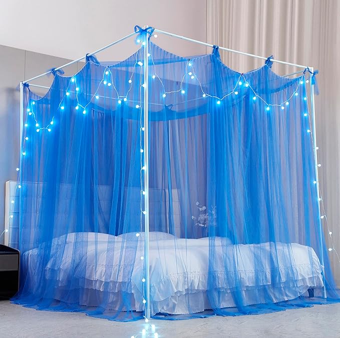 Mengersi Canopy Bed Curtains Bed Canopy with Lights for Girls, Bed Netting Unique Style 4 Door Mosquito Net for Adults Women Bedroom Decor (Blue+Lights, California King)