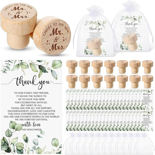Barydat 50 Sets Wedding Favors for Guests Bulk Engraved Wood Wine Bottle Corks Wine Stopper with Wedding Thank You Cards and Organza Bags Wedding Appreciation Gifts for Guest Thank You Gifts (Classic)