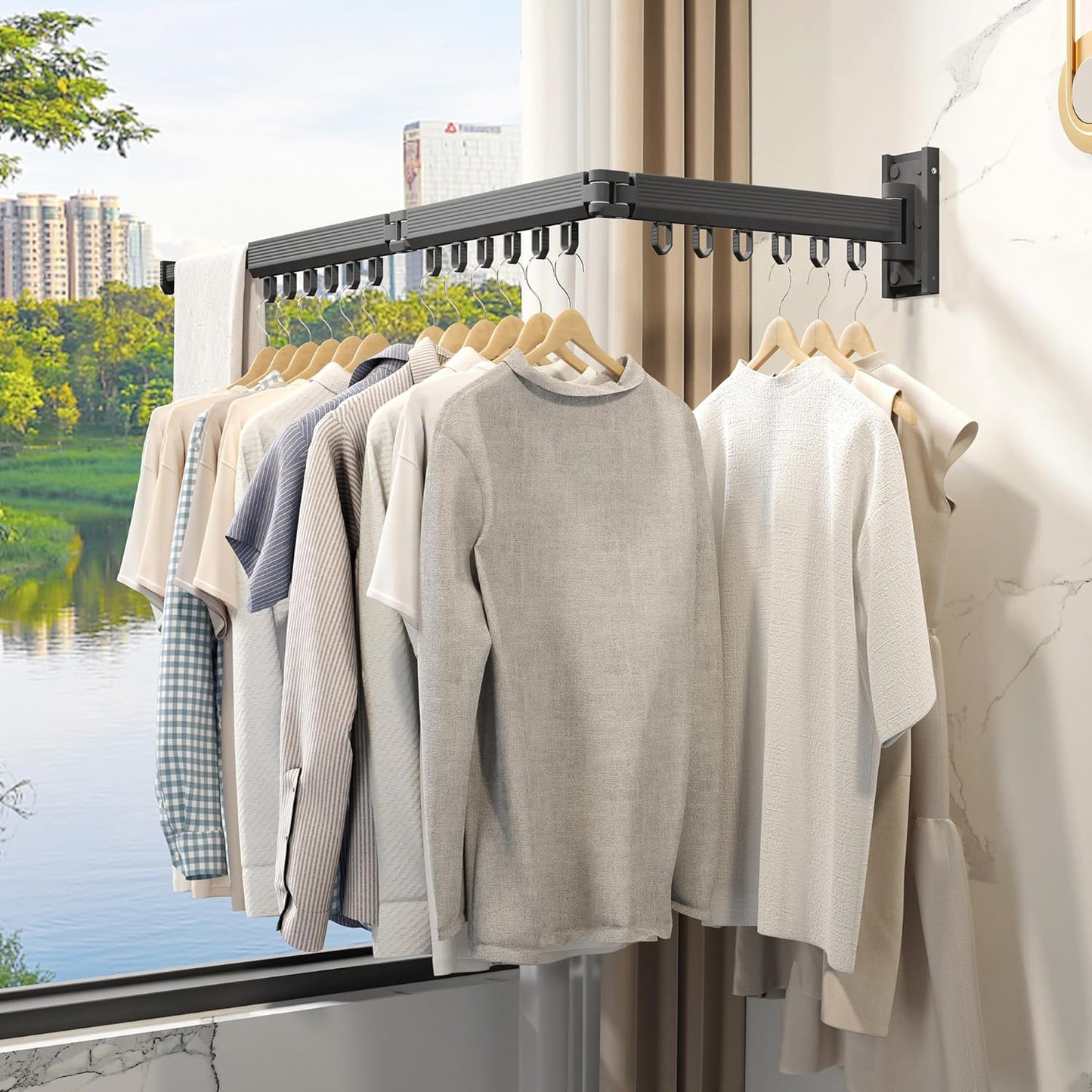 Grey Color Laundry Rack - Wall Mounted, Collapsible Clothes Drying Rack With Loop-type Hooks
