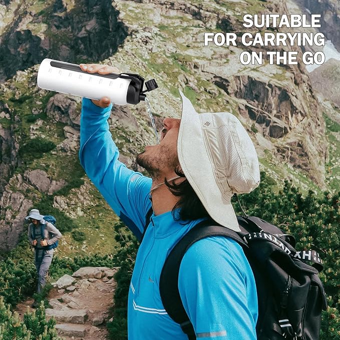 Glass Water Bottles with Straw -24oz- Water Bottle Phone Holder for Gym Sports Water Bottles with Silicone Sleeve Glass Drinking Bottles 2 Lids - Spout & Bamboo Straw Lid(White)