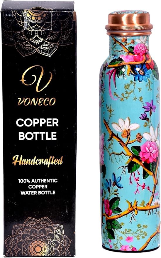 Copper Bottle For Drinking Water 33 Oz Ayurvedic Leak Proof lid Enamel Blue Design Durable Lightweight Hand Washable Vessel Clean Cool Water Natural Minerals Boost Energy Safe Water Utensil