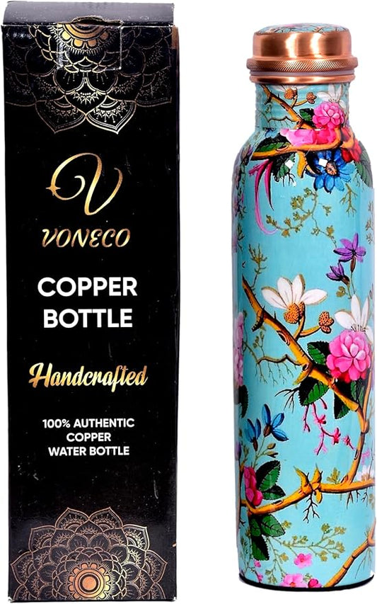 Copper Bottle For Drinking Water 33 Oz Ayurvedic Leak Proof lid Enamel Blue Design Durable Lightweight Hand Washable Vessel Clean Cool Water Natural Minerals Boost Energy Safe Water Utensil