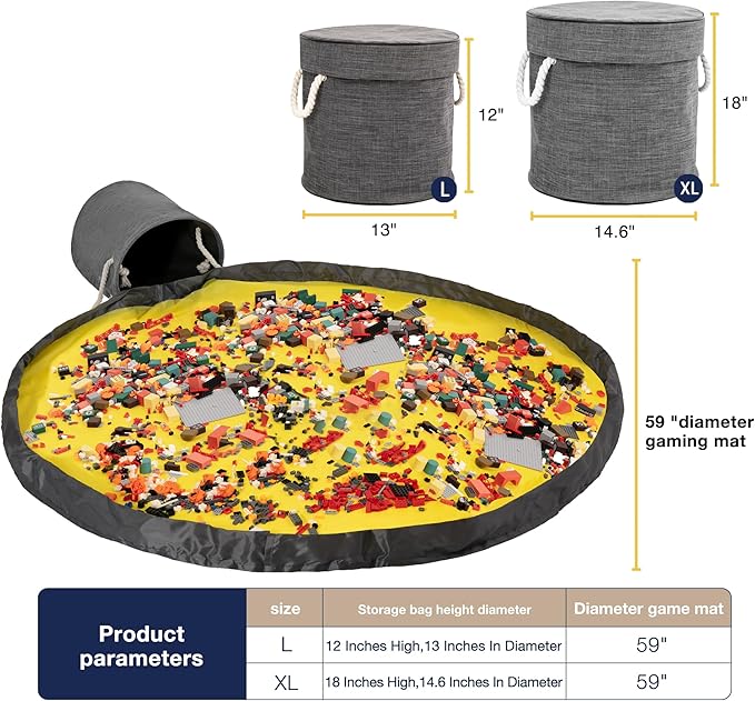 EXQ Home Toy Storage Basket and Building Bricks Toy Play Mat for Kids Rooms- Organizer Storage Organizer for Toys, Playroom Canvas Bag Gift for Boy/Girls (Grey 13" x12")