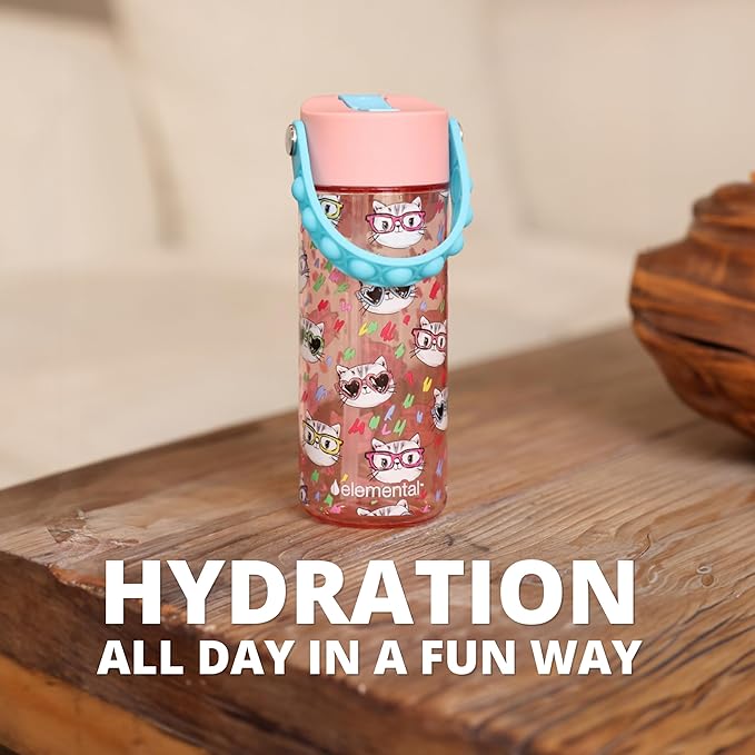 Elemental Leak Proof Water Bottles for Kids - Splash Kids Water Bottle for School with Fun Fidget Pop-it Handle - Tritan Plastic Water Bottle with Straw - Stylish Cat & Spring Blossom - 18oz (2 Pack)