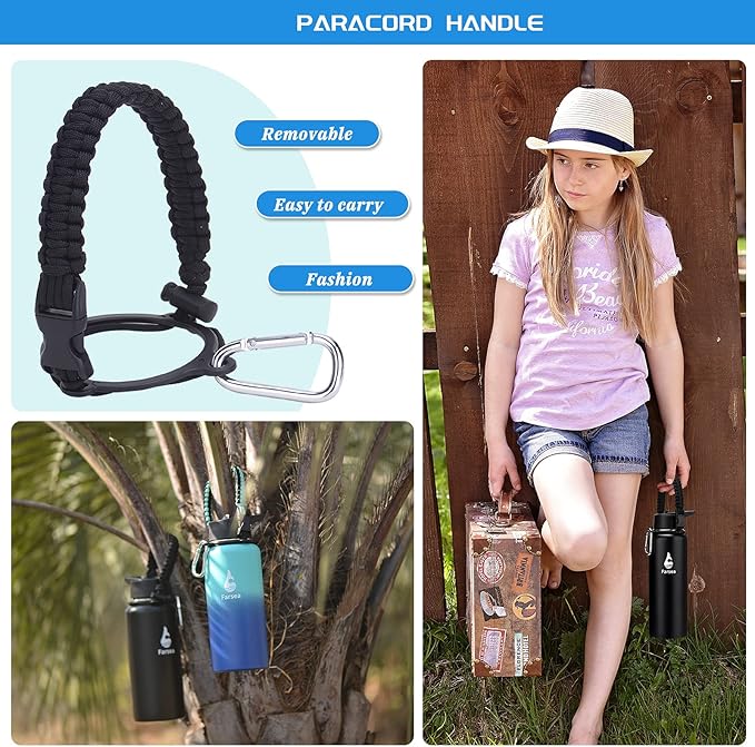 Farsea Insulated Water Bottle with Straw Lid & Spout Lid & Paracord Handle, Stainless Steel Water Bottle Wide Mouth, Double Wall Sweat-Proof BPA-Free, 40 oz, Black